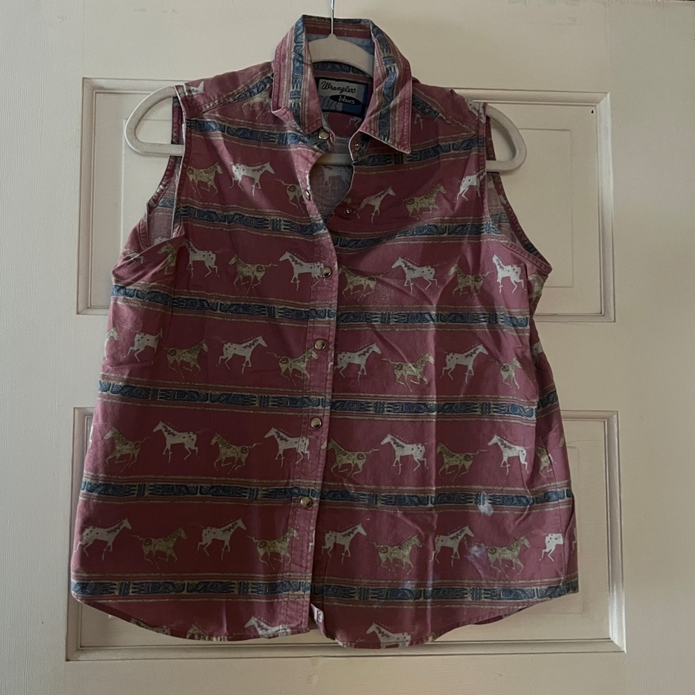 Vintage Wrangler Burgundy Horse Print Sleeveless Button-Up